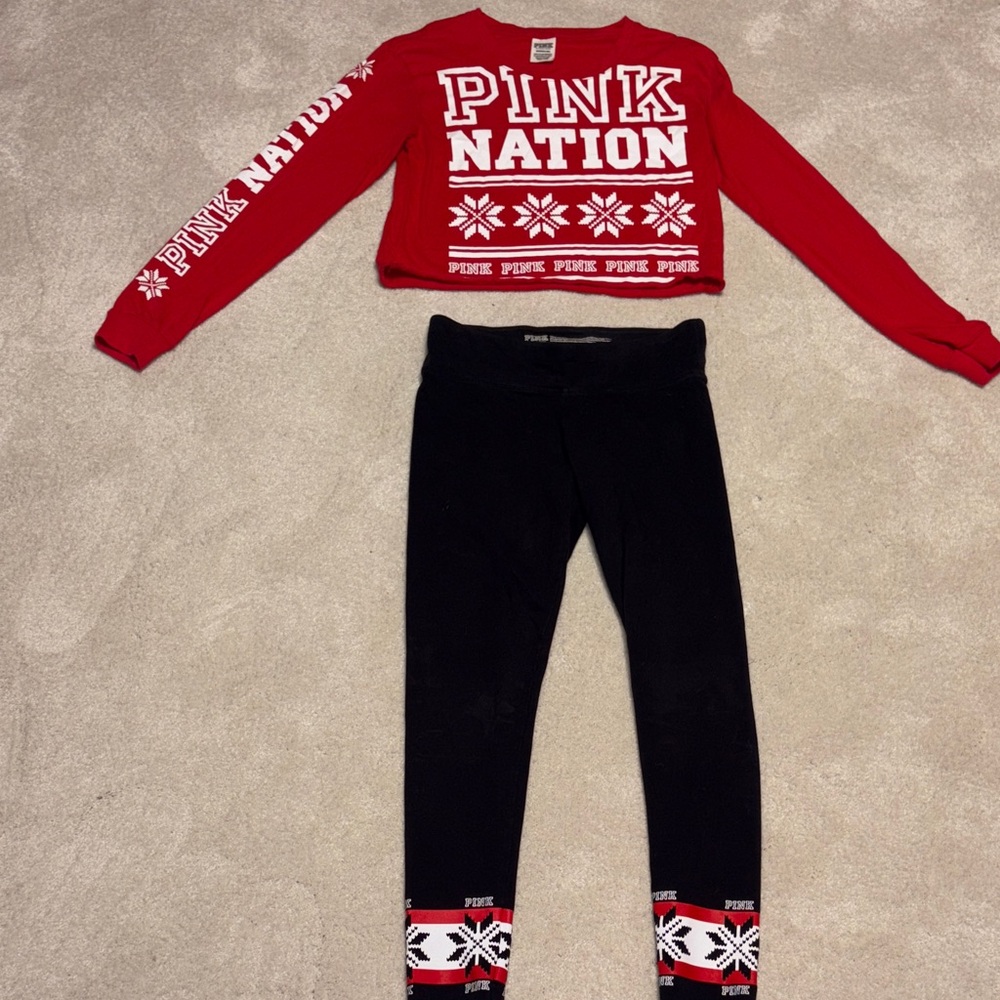 Red PINK Nation Crop Top and Black Leggings Set